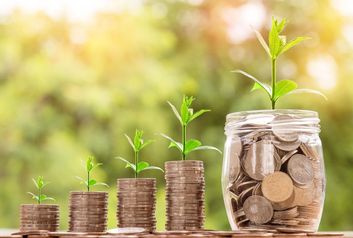 Montones de monedas crecientes con brotes verdes: el interés compuesto